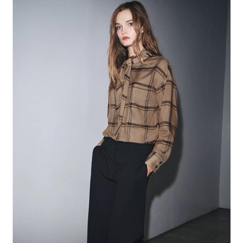 Zara front tie tan Plaid Blouse sold out online